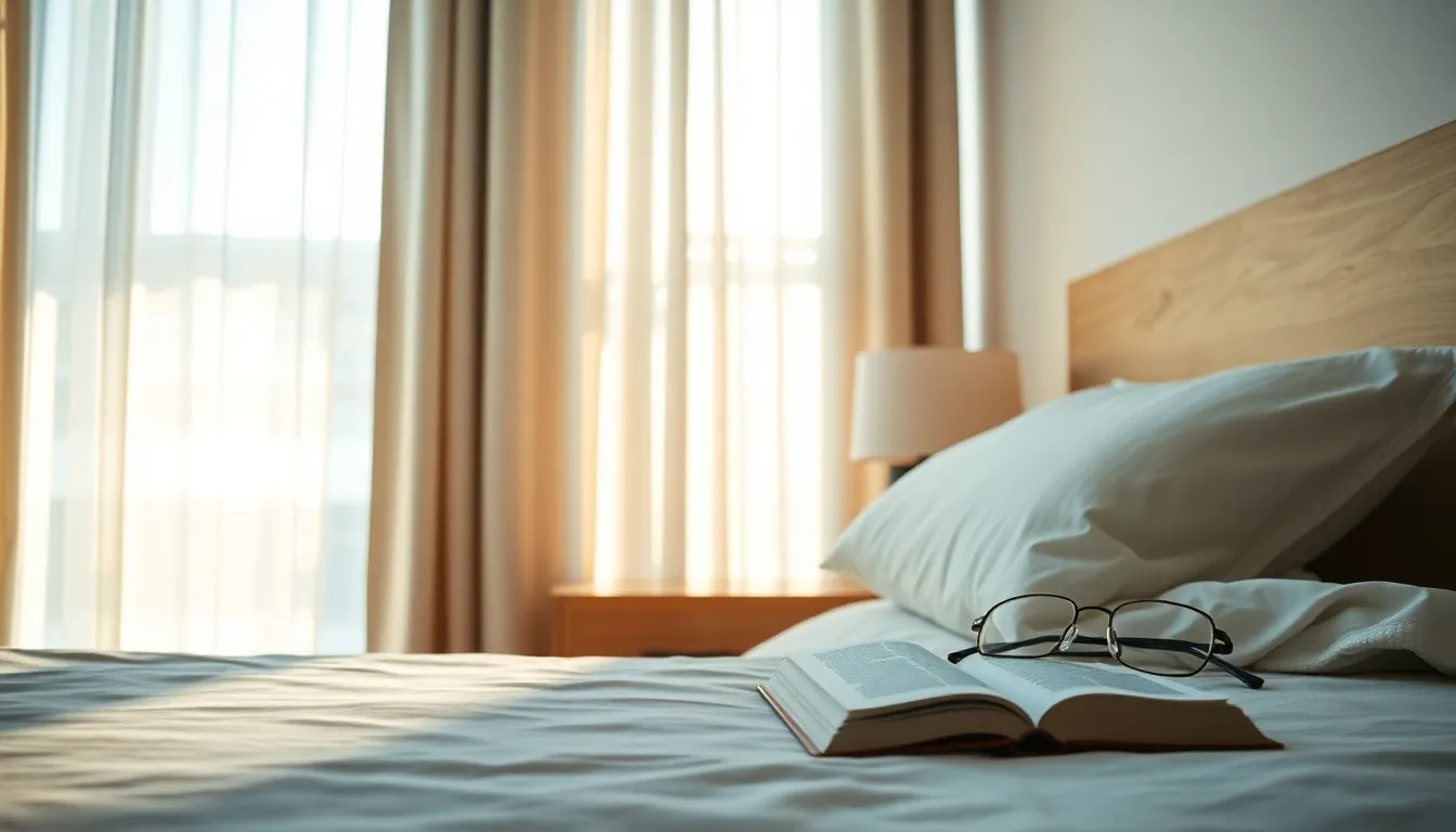 깔끔하게 정리된 침대와 햇살이 드는 창문