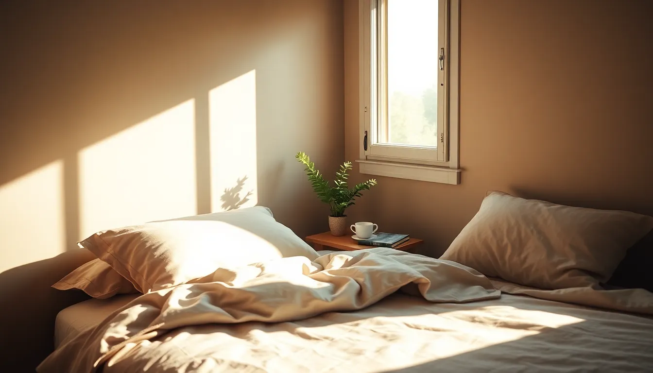 깨끗하게 정리된 침대와 햇살이 비치는 아늑한 침실의 모습