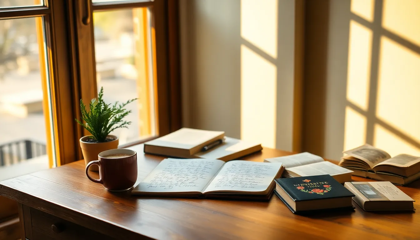 책과 펜, 그리고 커피가 놓인 테이블